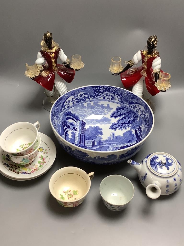 A Copeland Spode blue and white bowl, various cups, teapot etc, a pair of Venetian glass candelabra